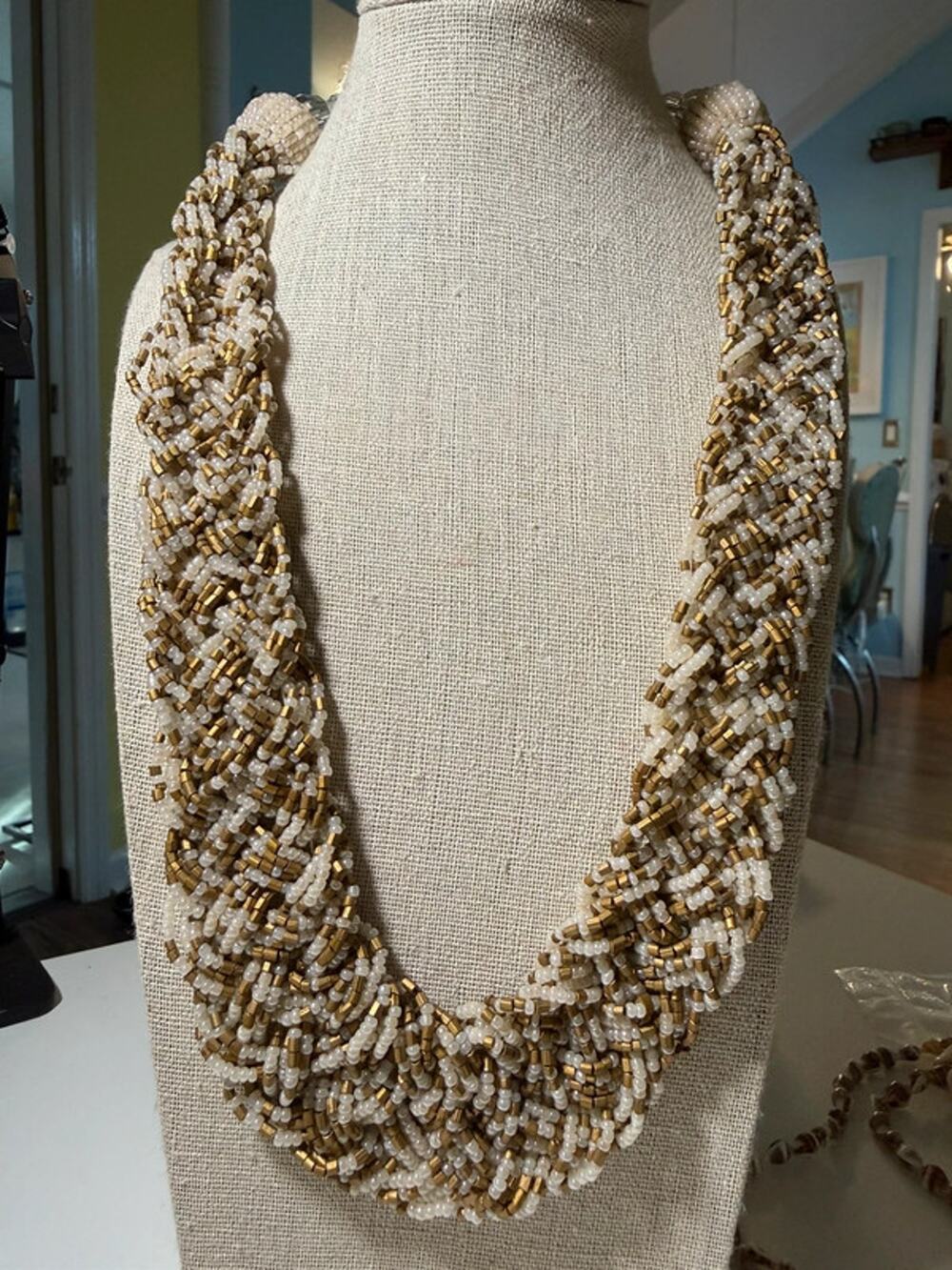 Cream Gold Seed Bead Torsade Necklace Multi Strand Statement Bib 22-25”